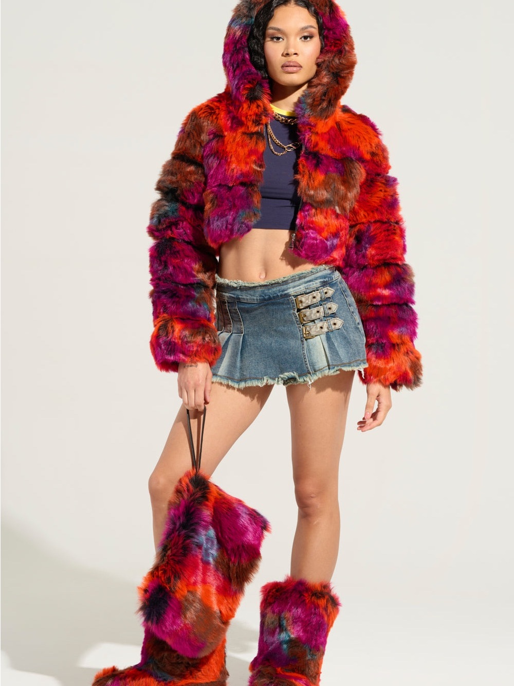 AKIRA Multicolor Faux Fur Hooded Crop Jacket in Red and Purple Tones - Picture 5 of 10